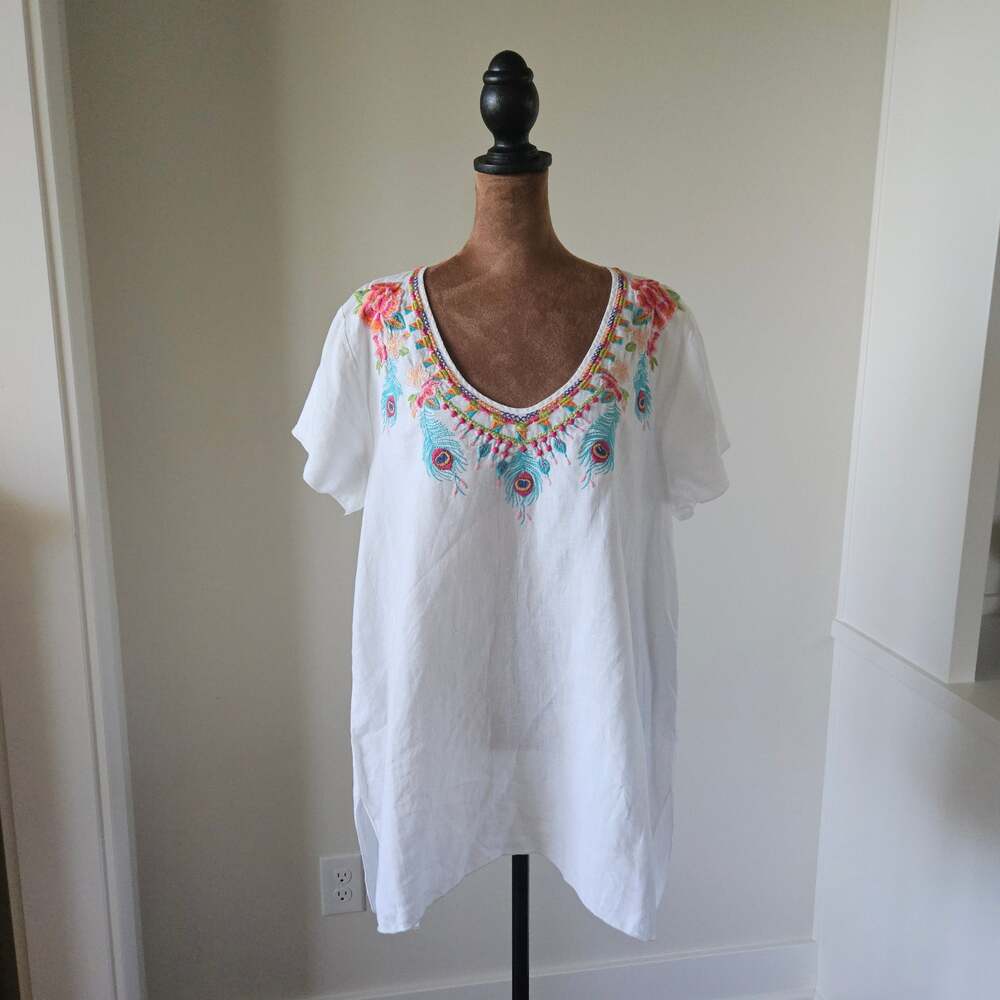 JW Los Angeles Johnny Was White Linen Peacock Embroidered Tunic Top Large